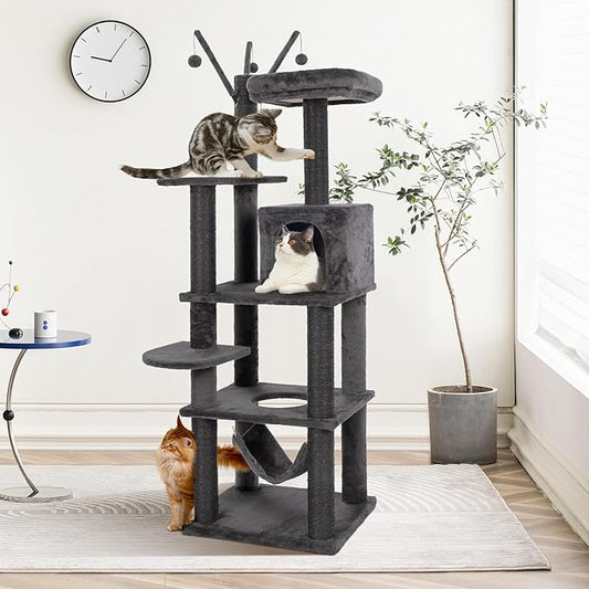 KAMABOKO Gothic Cat Tree, 73.6in Black Cat Tower with Coffin Bed, Big Tall Cat Condo with Sisal Scratching Posts, Scratching Ramp and Comfort Basket for Indoor Cats