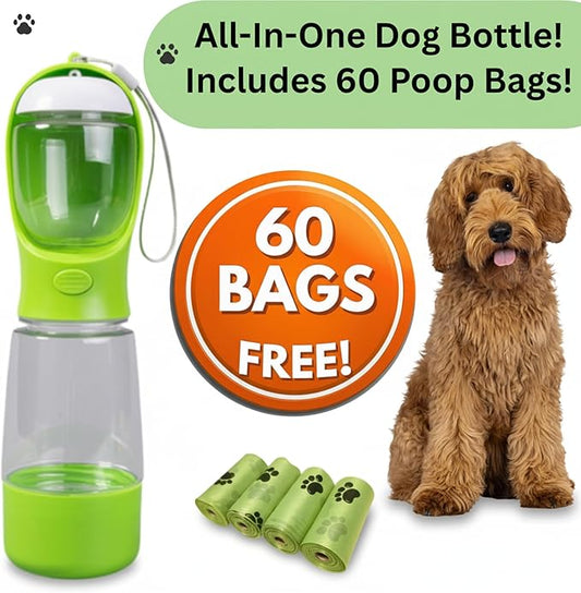 3-in-1 Dog & Cat Water Bottle with Food Container & Poop Bag Holder – Includes 60 Extra Waste Bags – 13.5oz Leak-Proof, BPA-Free Portable Pet Travel Dispenser, Green