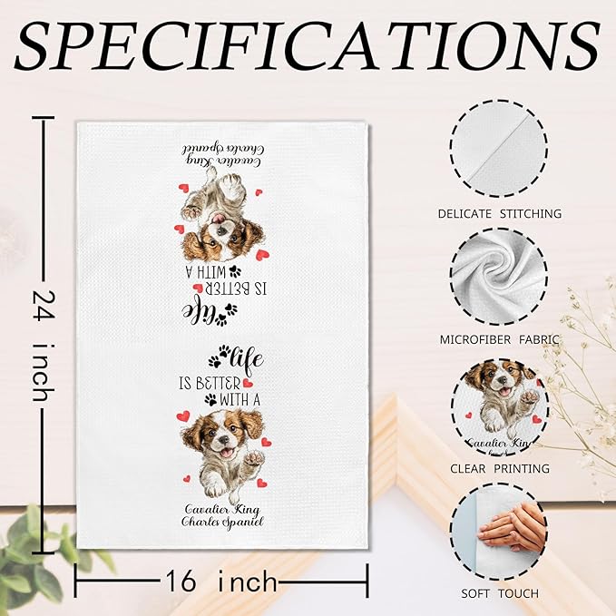 Cavalier King Charles Spaniel Gifts Kitchen Towels Set of 2, Funny Dog Hand Towels for Kitchen Bathroom Decor, Gifts for Dog Lovers Owners Moms Women Dishcloths Dish Towel 16X24 Inches