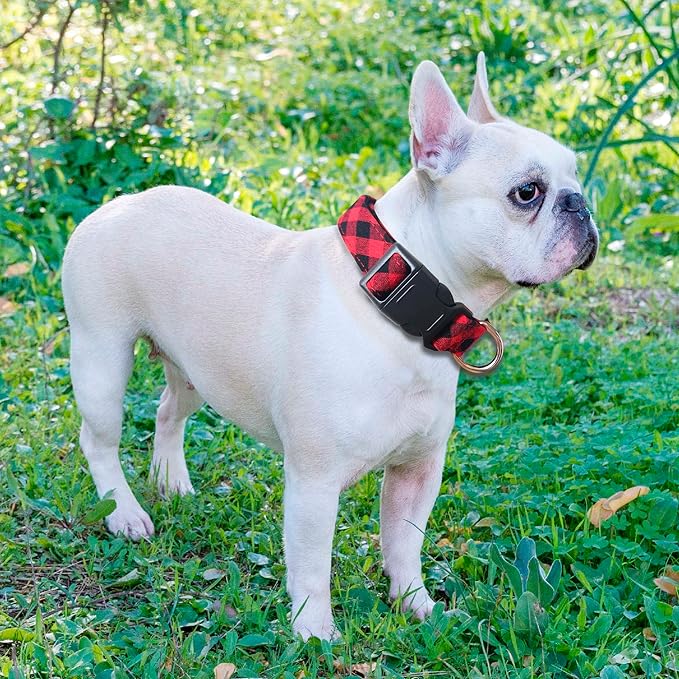 Reflective Dog Collar Padded with Soft Neoprene Breathable Adjustable Nylon Dog Collars for Small Medium Large Dogs (Large (Pack of 1), Red Plaid Collar+Leash)