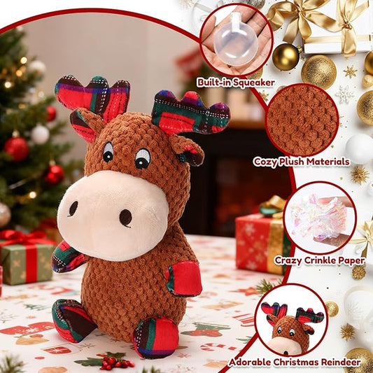 Christmas Dog Toys Plush Chew Toys for Dogs, Tough Stuffed Elk Squeaky Toy with Crinkle Paper, Adorable Xmas Reindeer Dog Toy, Dog Gifts for Small Medium Large Dogs to Keep Them Busy