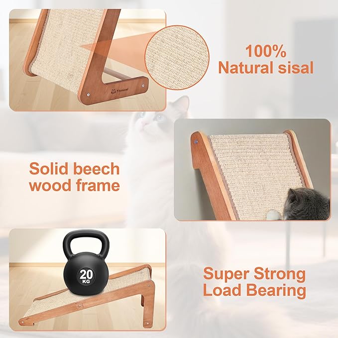 Sisal Cat Scratcher for Indoor Cats, Beechwood Base, Natural Sisal Woven Scratch Pad, Durable Scratching Post, Furniture Protector (L2)