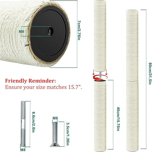Cat Scratching Post Replacement Pole,2 PCS 15.7in Cat Tree Replacement Post,Natural Sisal Cat Tree Replacement Parts with M8 Screws,Cat Scratch Post Replacement for Refurbishment (15.7in/40cm)