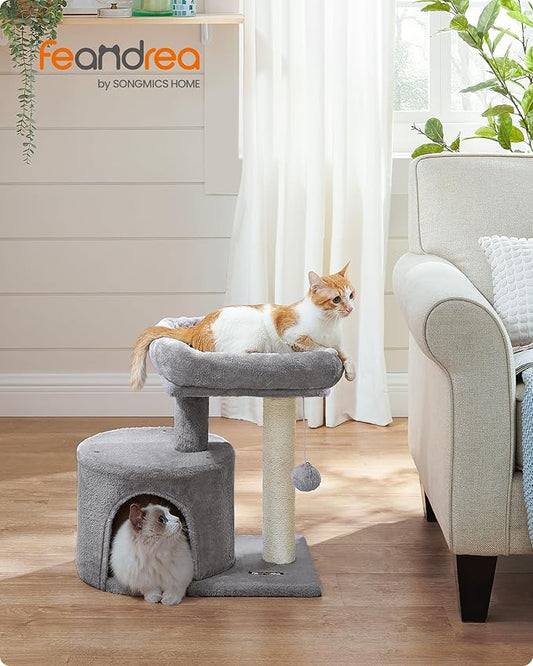 Feandrea Cat Tree, Small Cat Tower with Sisal Scratching Post, Plush Condo with Padded Perch, for Small Spaces, Kittens, Light Gray UPCT50W