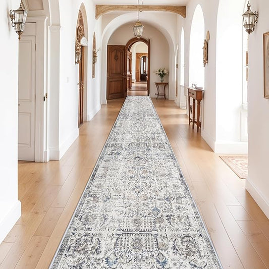 RUUGME Washable Runner Rugs 3x16 - Vintage Kitchen Runner Rug Stain Resistant Rugs for Living Room Bedroom Laundry Room Mat Distressed Hallway Floor Carpet (3'x16', Brown/Blue)