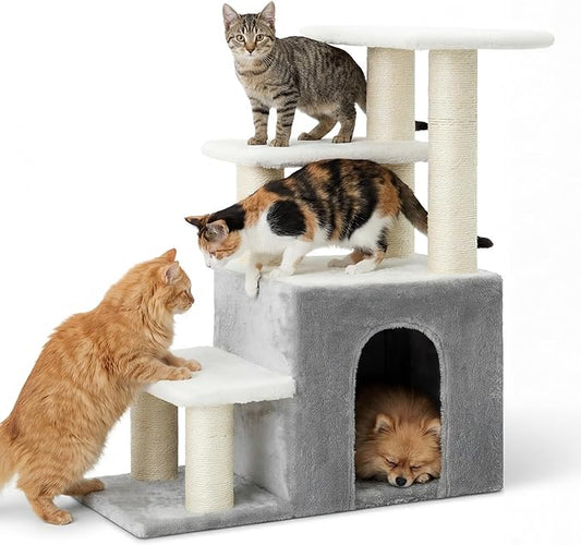 Heybly Pet Stairs for Cats, 29.5 inch High Dog Steps for Small Doggie Rabbits, 9.8''Depth Cat Stairs, Indoor Cat Ladders for High Bed for Pet's Joints, 1 Condo Cave, 6 Sisal Scratcher HSP002SWWH