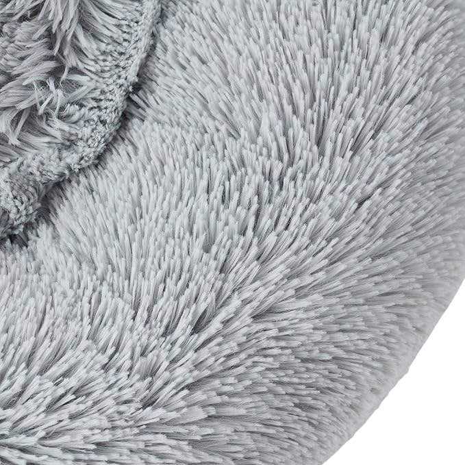 Dog & Cat Bed: Round Faux Fur Pet Bed - Plush, Cozy, & Calming Donut Bed for Medium Pets - Soft & Comfortable Sleeping Cushion for Napping & Lounging, 23" Round, Silver