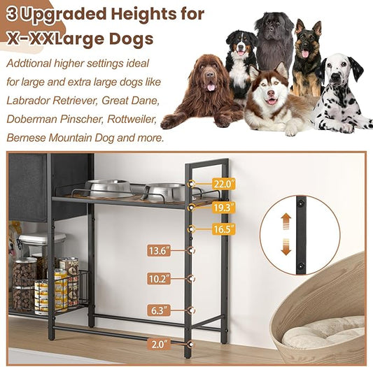 Elevated Dog Bowls Stand for X-Large & Large Breed, 7 Adjustable Heights from 2"-22" Raised Dog Feeding Station with Toy Bin Basket, Lifted Dogs Food Bowl Holder Cabinet Pet Storage Organizer