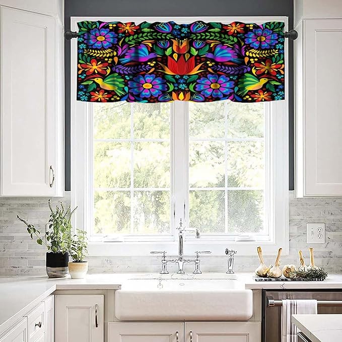 Mexico Valances Curtain for Kitchen, Mexican Folk Art Traditional Flower Pattern Window Treatment Valances Short Curtains Rod Pocket Drape for Dining Room Home Farmhouse Decor, 54x18inch