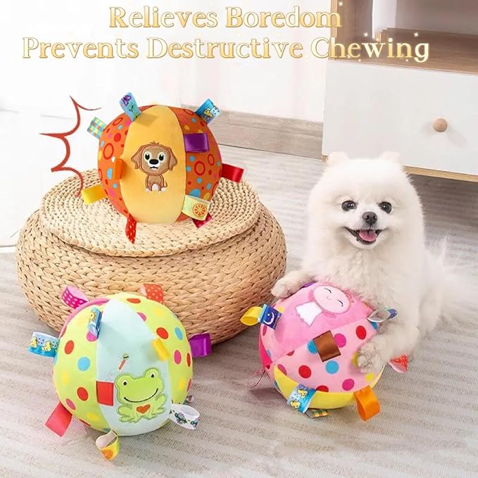 TRAVEYO Colorful Dog Balls Toy, Soft Plush Ball with Ribbon Streamers, Built-in Bell, Bite Resistant Chew Dog Toy Balls