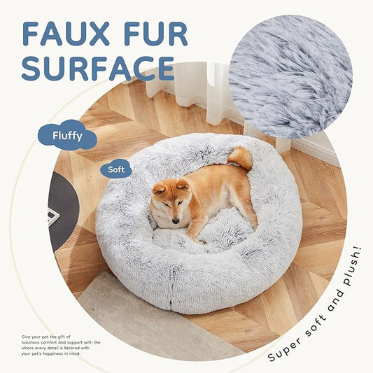 DUMOS 30.7x30.7 Inch Calming Donut Dog Beds for Large Dogs, Machine Washable Cuddler Warming Cozy Fluffy Faux Fur Plush Round Pet Bed, Anti-Slip Bed for Indoor Dogs and Cats, Grey