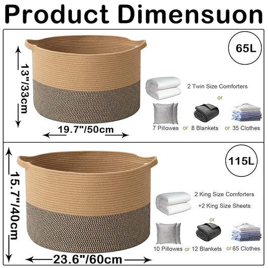 65L Large Blanket Basket,19.7" L x 19.7" W x 13" H Rope Woven Baskets with Handles, Toys Storage Bins,Laundry Basket Perfect for Living Room, Nursery,Bedroom,Home Organization,Jute&Black