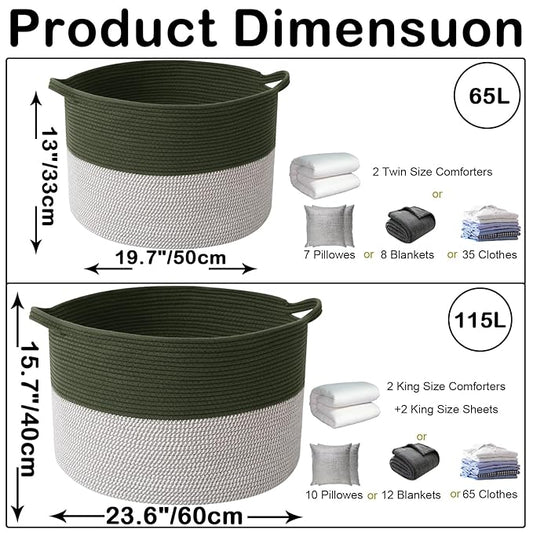 65L Large Blanket Basket,19.7" L x 19.7" W x 13" H Rope Woven Baskets with Handles, Toys Storage Bins,Laundry Basket Perfect for Living Room, Nursery,Bedroom,Home Organization,Green&White