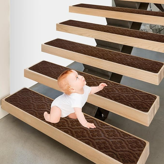Rubber Non Slip Stair Treads for Wooden Steps Indoor, Reusable Stair Rugs for Elders Kids and Dogs, Machine Washable 8" X 30" (15-Pack)-Petal Brown