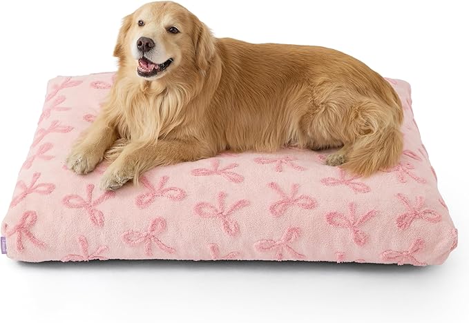 LE SURE Extra Large Dog Bed-Thick Shredded Chopped Foam Pet Bed as Gift for Indoor with Removable Cover, Cute Modern Fuzzy Plush & Anti Slip Bottom,Bow Pink