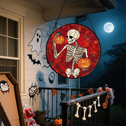 Stained Glass Window Hanging - Halloween Decorations Skeleton Pumpkin Suncatcher for Doors Garden Indoor Spooky Funny Sun Catchers Gothic Decor Horror Gifts for Women Men Friend 9.8 in