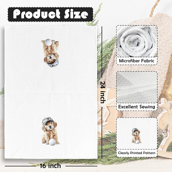 Golf Dog Kitchen Towels - Golden Retriever Dish Towels, Sports Gifts, Pet Golf Club Decorative Absorbent Dishcloths Hand Towels Set of 2 for Kitchen Spa Gym Decor 16x24 Inches