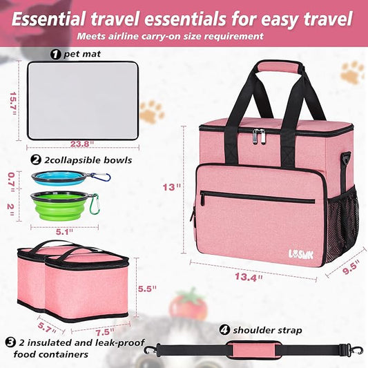 5 Set Dog Travel Bag for Supplies, Dog Lovers, Large Pet Travel Kit Includes 2 Food Containers, 2 Collapsible Bowls, Pink