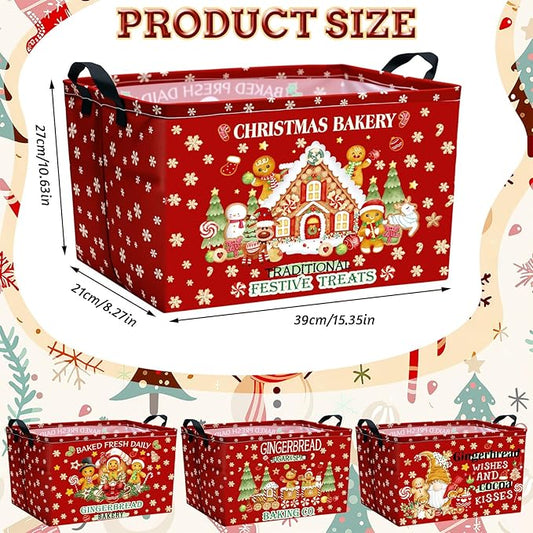 4 Pack Christmas Storage Bin Collapsible Large Christmas Gingerbread Man Storage Baskets for Gifts Canvas Laundry Basket Foldable Box with Handle for Office Home Bedroom Clothes Toys Decor