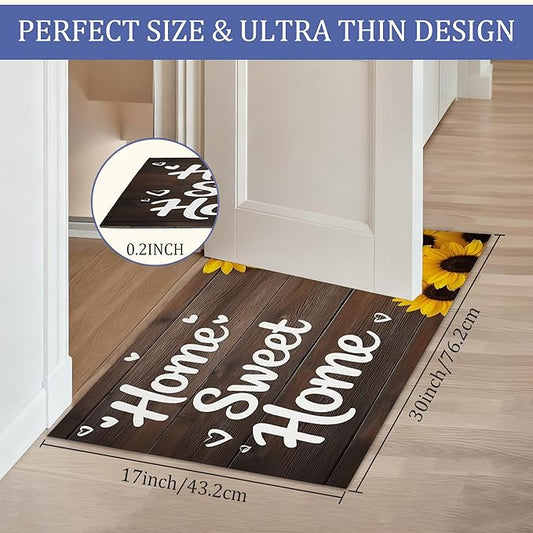 Indoor Rugs for Entryway,Rustic Sunflower Welcome Mat for Home,Farmhouse Woodboard Low Profile Entrance Rugs Non-Slip Doormats for Back Door Patio, Porch,Home Stairway,30 x 17 Inch