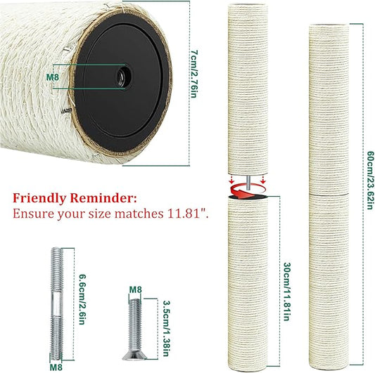 Cat Scratching Post Replacement Pole,4 PCS 11.81in Cat Tree Replacement Post,Natural Sisal Cat Tree Replacement Parts with M8 Screws,Cat Scratch Post Replacement for Refurbishment