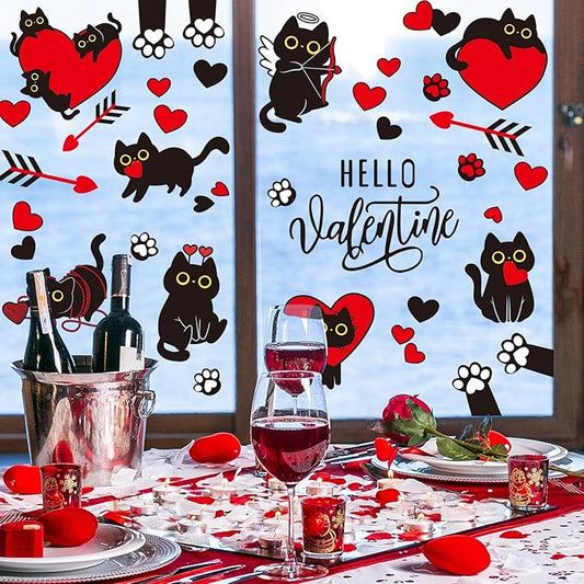 Whaline Valentine Window Clings Window Stickers Double-Sided Black Cat Red Heart Large Glass Decals for Wedding Anniversary Party Decoration, 7 Sheets