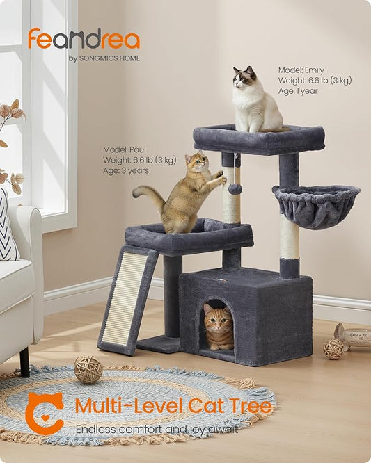 Feandrea Cat Tree, Cat Tower Condo with Scratching Posts and Ramp, 2 Large Perches, Cave, Basket, 33.8 Inches Tall, Dark Gray UPCT013GS02S