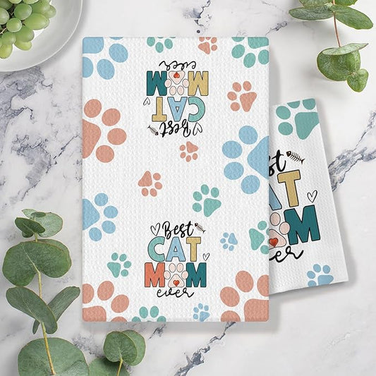 Best Cat Mom Ever Kitchen Towels, Cat Mom Lady Lover Gifts for Women, Cute Kitty Kitten Paw Decorative Dish Tea Hand Towels for Kitchen Bathroom, 16x24 Inches(Style D)