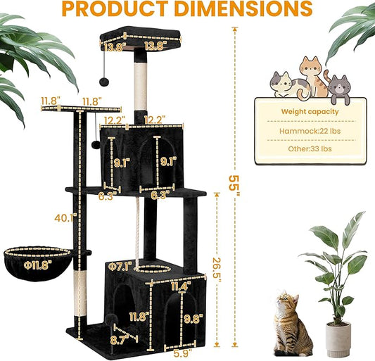Cat Tree, 54-Inch Cat Tower for Indoor Cats, Soft Plush Multi-Level Climbing Cat Condo with Scratching Posts, Basket, Perches,2 Caves,2 Pompoms Play House for Cat(Black)