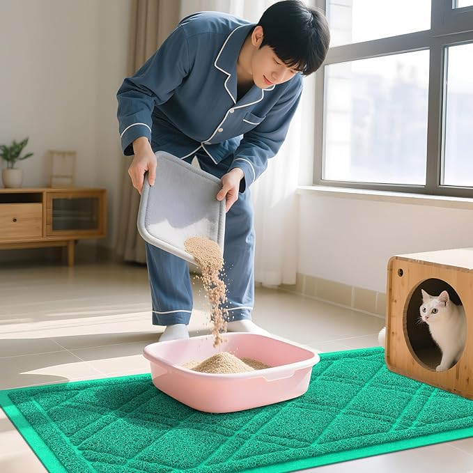 Smiry Cat Litter Box Mat 36x24, Non-Slip Water Resistant Litter Trapping Mat, Easy Clean Less Waste and Urine-Locking Cat Carpet for Indoor, Green