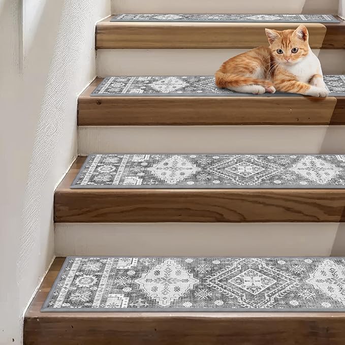 Non Slip Stair Treads for Wooden Steps 15PCS - 8"x30" Indoor Safety Carpet, Edging Mats with TPE Adhesive Backing, Pet and Elderly Friendly Stair Rugs (Charcoal)