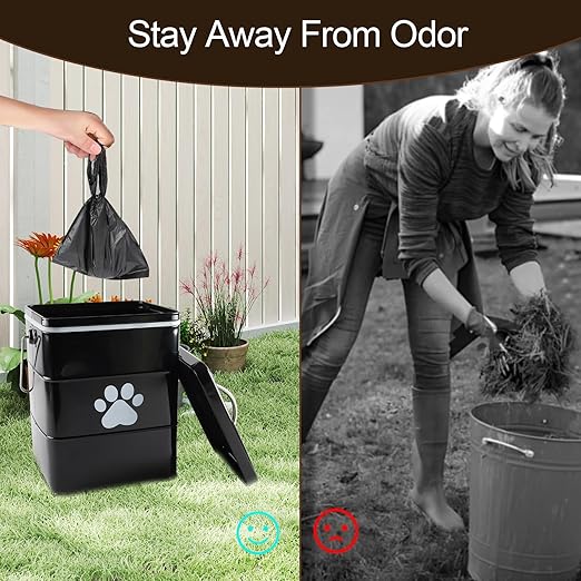 Small Dog Poop Trash Can Outside,1.5Gal/6L Metal Dog Waste Trash Can with Lid/Filter/Handle,Pet Waste Container Bucket with 75 Trash Bags-Black