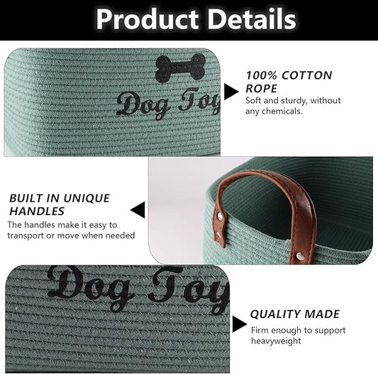 Geyecete X-Large Cotton Rope Dog Basket with Leather handle Blanket Storage Basket Decorative Clothes Hamper Basket | Extra Large Baskets for Blankets or Laundry-Geen