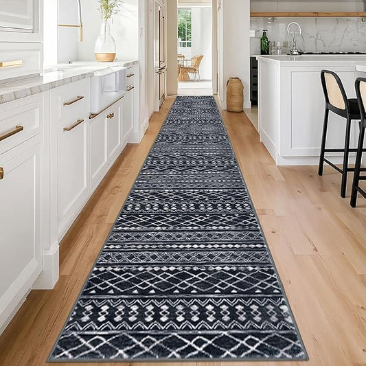 KUTA Long Hallway Runner Rug 2.6x18 Non-Slip Washable, Moroccan Vintage Black Boho Kitchen Rugs Ultra Soft Distressed Geometric Floor Carpet Runners for Bedroom Laundry Stairway Entryway