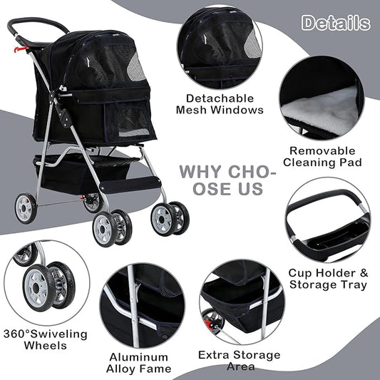 4 Wheels Pet Stroller Waterproof,Travel Stroller for Small Medium Dogs & Cats,Easy Fold with Removable Liner,Storage Basket,Black