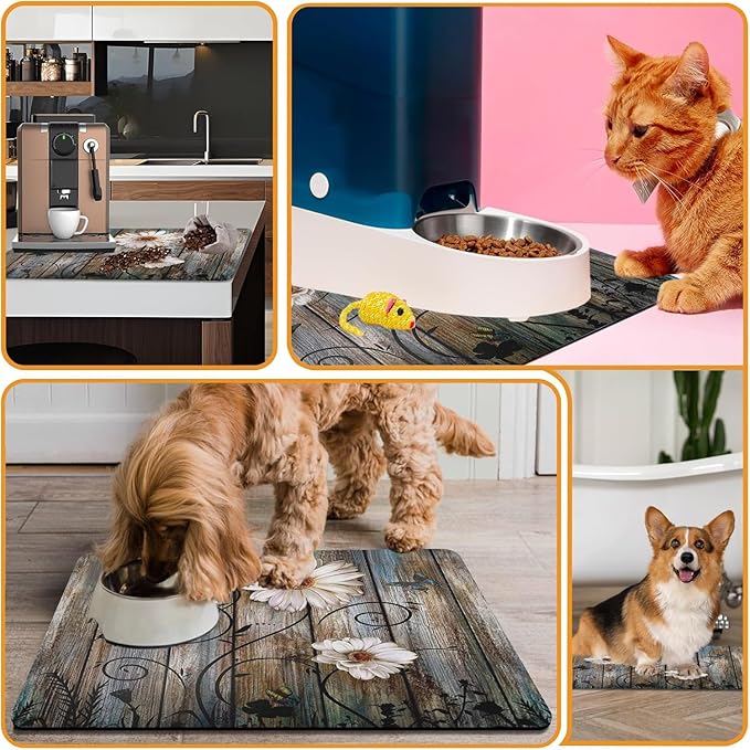 Dog Food Mats for Floors Absorbent, Cat Food Mat - Pet Cat Feeding Mat Quick Dry, Dog Bowl Mats for Water, Pet Supplies Feeding Placemat 16" x 24" Daisy