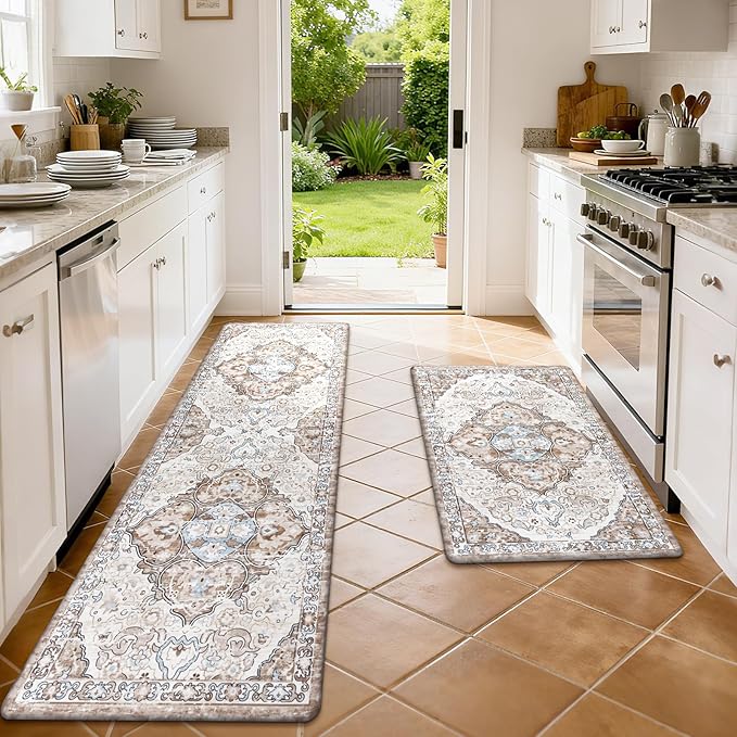 Ileading Anti Fatigue Kitchen Rugs Sets of 2 Cushioned Kitchen Mats for Floor Waterproof Kitchen Mat Set Non Slip Comfort Standing Mat for Kitchen, Office, Sink, Laundry