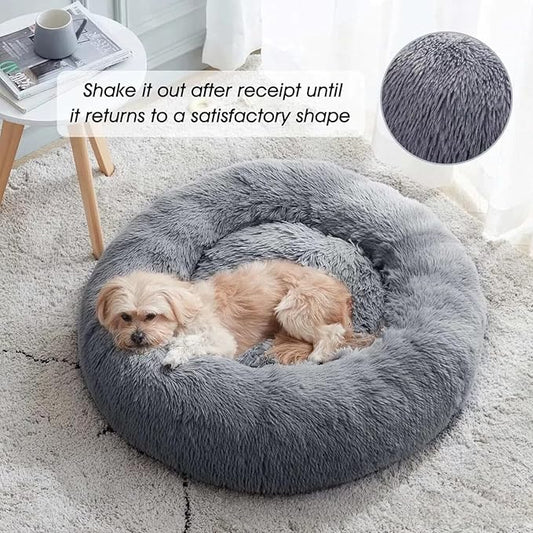SALAN Calming Dog Bed for Small Dogs & Indoor Cats, 20 Inch Donut Pet Bed, Washable Round Fluffy Plush Faux Fur Cushion with Raised Rim & Anti-Slip Bottom, Soft Cozy Bed Fits Pets Up to 25 lbs (Brown)