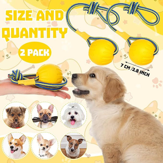 Hsei 2 Pcs Medium Dog Ball on a Rope Rubber Dog Toy with Handle Ball Yellow Floats in Water for Tug Training Rewards Interactive Pet Fetch Catch Throw Outdoor Puppy Teething Medium Pet