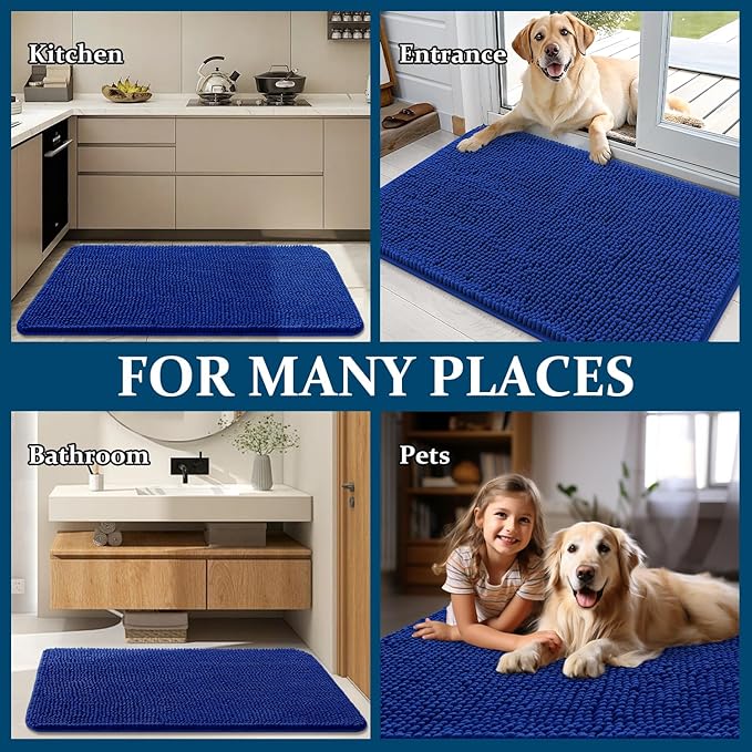 OLANLY Dog Door Mat for Muddy Paws 34x21, Absorbs Moisture and Dirt, Absorbent Non-Slip Washable Doormat, Quick Dry Chenille Mud Mat for Dogs, Entry Indoor Entryway Carpet for Inside Floor, Royal Blue