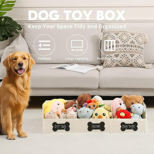 Qozary Large Dog Toy Basket with Diy Tag - Collapsible Dog Toy Bin, Fabric Personalized Dog Toy Box, Trapezoid Dog Toy Storage and Organizer for Pet Supplies