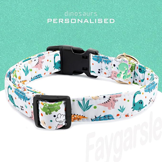 Faygarsle White Dinosaurs Print Cotton Dog Collar for Small, Medium, Large Boys Girls Dogs L