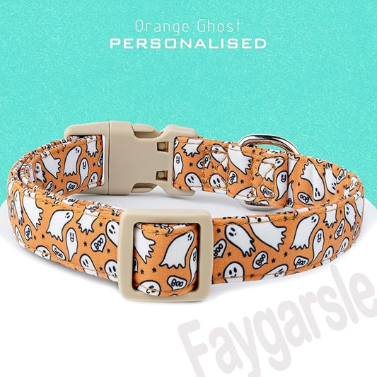 Faygarsle Halloween Ghost Pattern Dog Collar with Charm, Orange and White,for Small Medium Large Dogs L