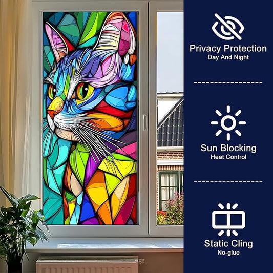Stained Glass Window Film 17.7 x 39.3 Inch Colorful Cat Window Privacy Film Stained Decals Static Cling Sun Blocking Decor for Home Office Windows Doors Glass Partitions 17.7x39.3 inch
