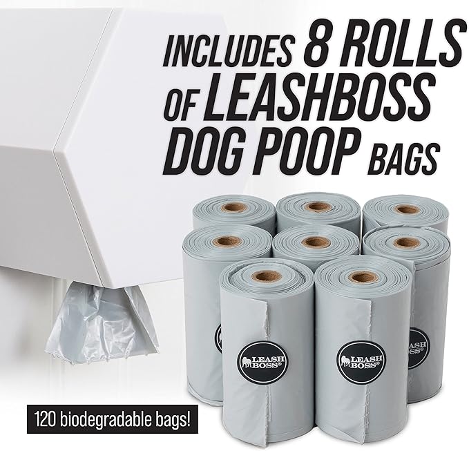 Leash Boss Dog Poop Bag Dispenser Wall Mount with Container for Extra Storage, Doggy Bag Holder for Pet Waste Stations, Includes 8 Rolls (120 Bags) of Unscented Pet Waste Bags