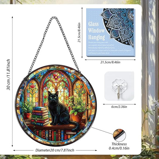 Stained Glass Window Hanging, 8 Inch Sun Catcher Cat and Book Theme Gift for Housewarming, Decorative Suncatchers Gifts for Wall Art Landscape Hanging Home Decor