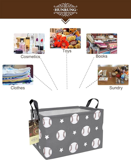 HUNRUNG Rectangle Storage Basket Cute Canvas Organizer Bin for Pet/Children Toys, Books, Clothes Perfect for Rooms/Playroom(REC-Grey Baseball)