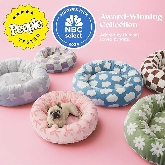 LE SURE Shown on TV Donut Cat Beds for Indoor Cats - Round Small Dog Bed Calming Bed Gift for Pets, Home Decor Cute Modern Beds with Jacquard Shaggy Plush & Anti Slip Bottom, 20 Inch, Pink Taffy