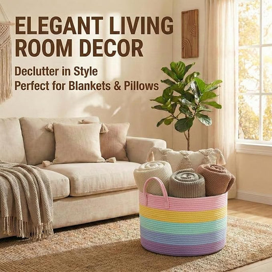 65L Extra Large Blanket Basket for Living Room - Woven Cotton Rope Laundry Hamper with Reinforced Handles - Storage Bin for Pillows, Comforters & Toys - Machine Washable,Rainbow