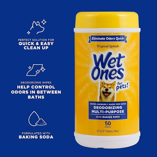 Wet Ones for Pets Deodorizing Multipurpose Dog Wipes with Baking Soda, Tropical Splash Scent - Desmellizing Wipes for Dogs in Canister, 50 Count - 12 Pack